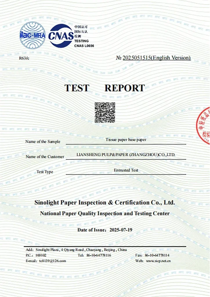 Certification 1 100% wood pulp report facial tissue