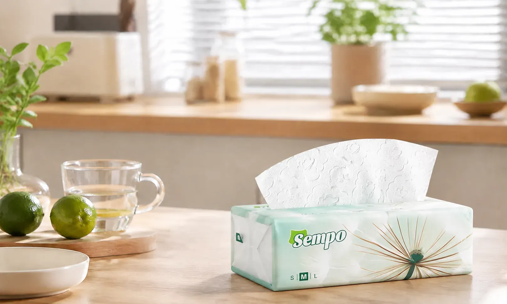 Household facial tissue on a living room table