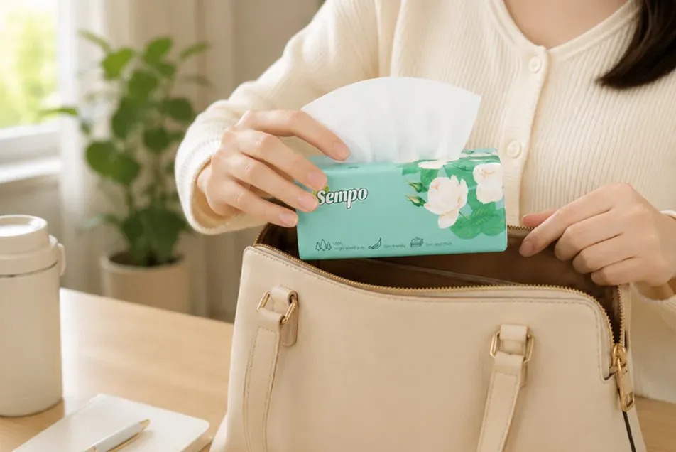 Portable travel soft pack facial tissue for car and outdoors