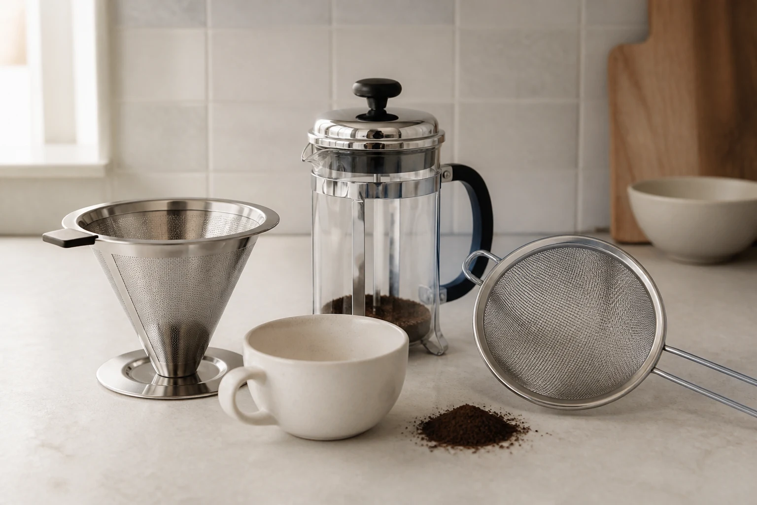 Reusable coffee filter alternatives beside a French press and fine mesh strainer in a kitchen