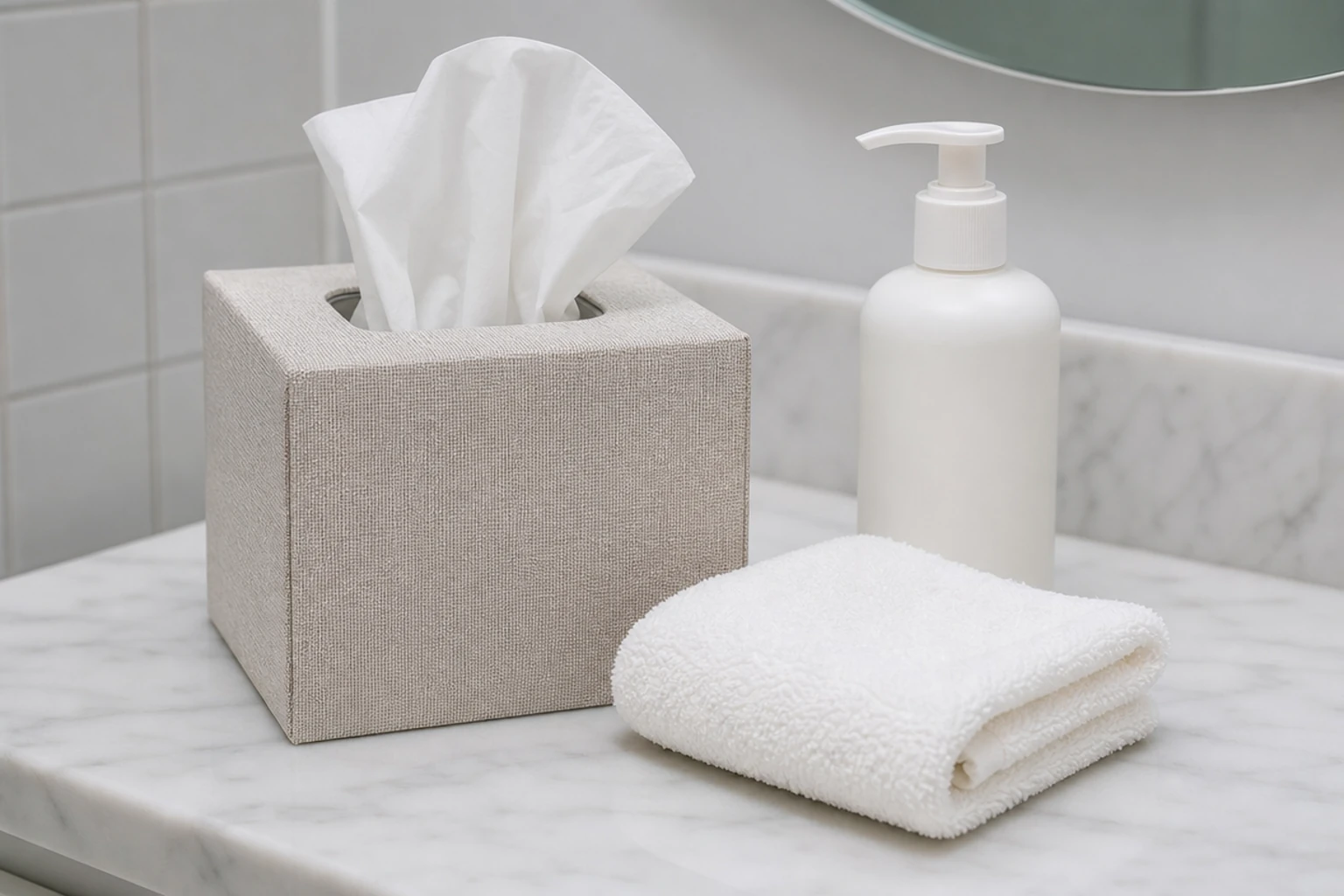 Facial tissue box, cotton face cloth, and moisturizer arranged as skin-friendly alternatives