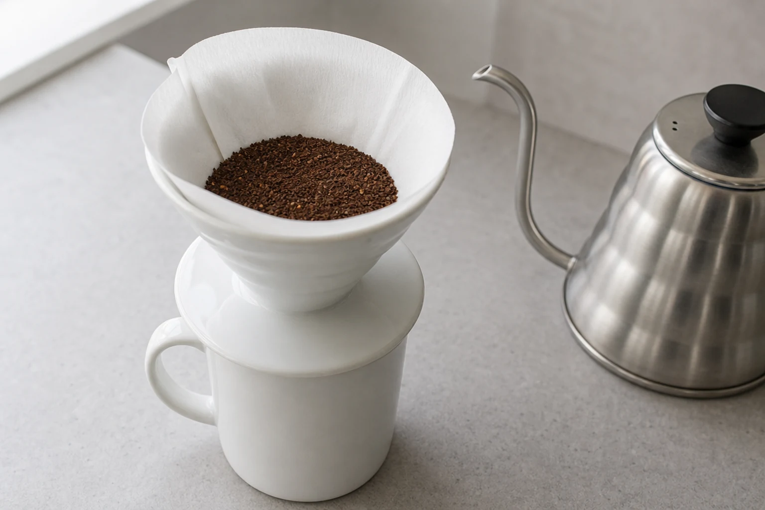 Paper towel folded inside a pour-over dripper with coffee grounds and a kettle nearby