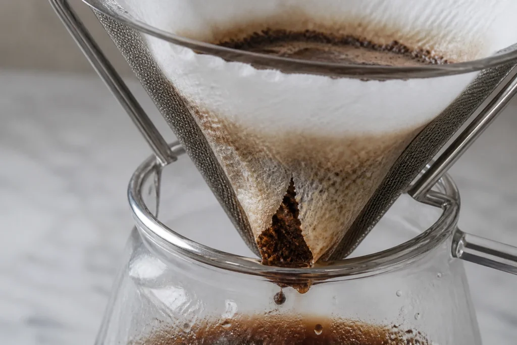 Paper towel coffee filter sagging and tearing with coffee grounds passing through