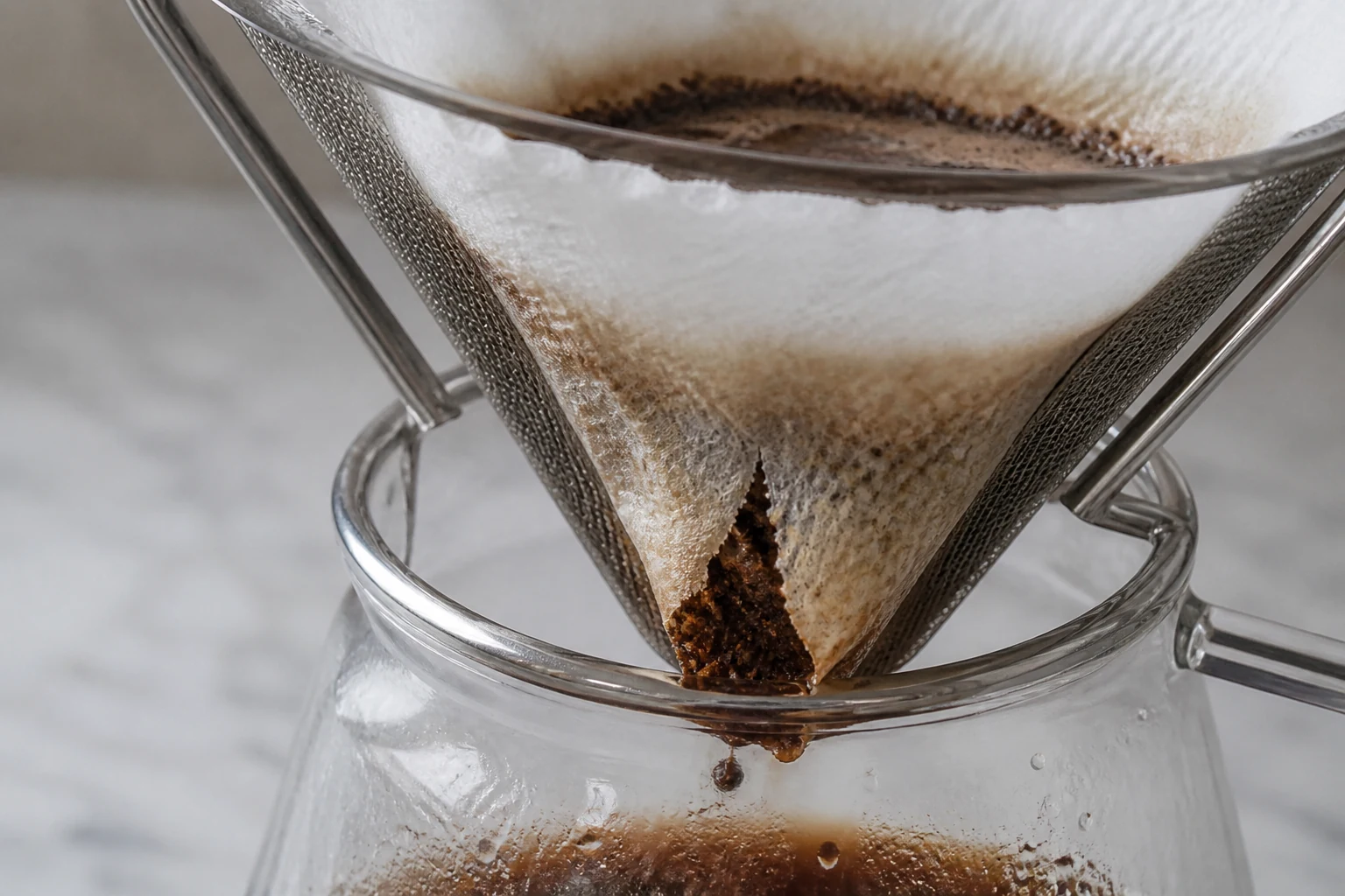 Paper towel coffee filter sagging and tearing with coffee grounds passing through