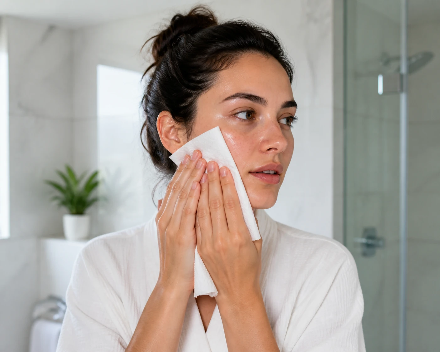 Adult gently blotting the face with a paper towel in a bright washroom