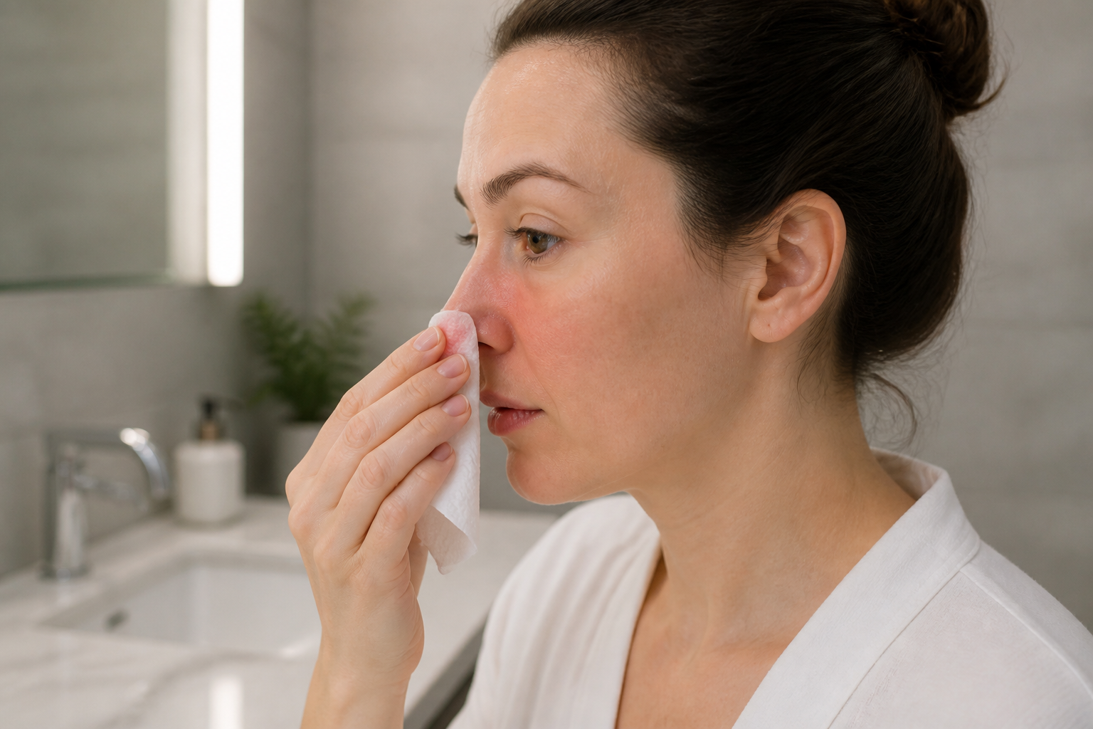Adult gently blotting the nose with a paper towel in a bathroom