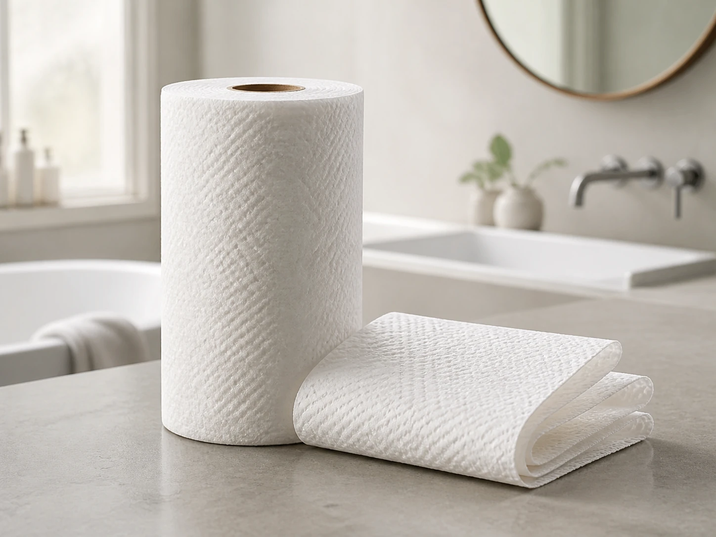 Soft embossed paper towel roll and folded sheet on a clean bathroom counter